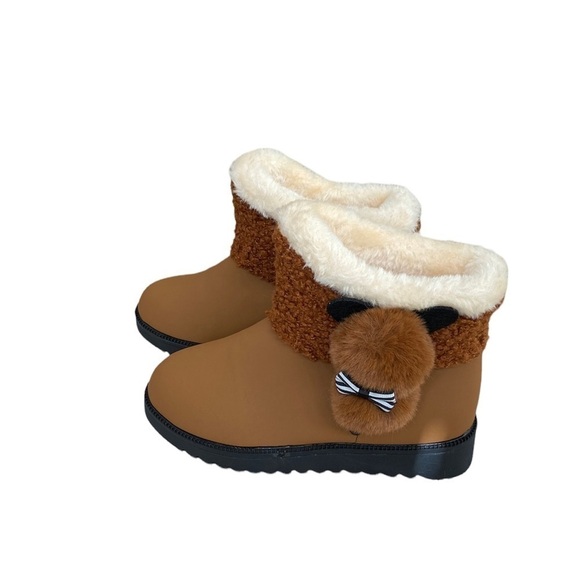 NEW Ankle Boots Brown Pom-Pom Bow Accent Faux Shearling Lined Plush Sz 36 - Picture 2 of 7